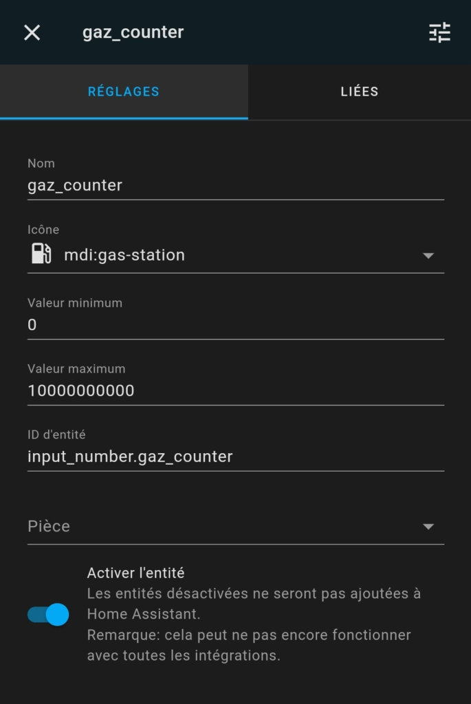 home assistant gazpar: input_number du compteur de litres de gaz